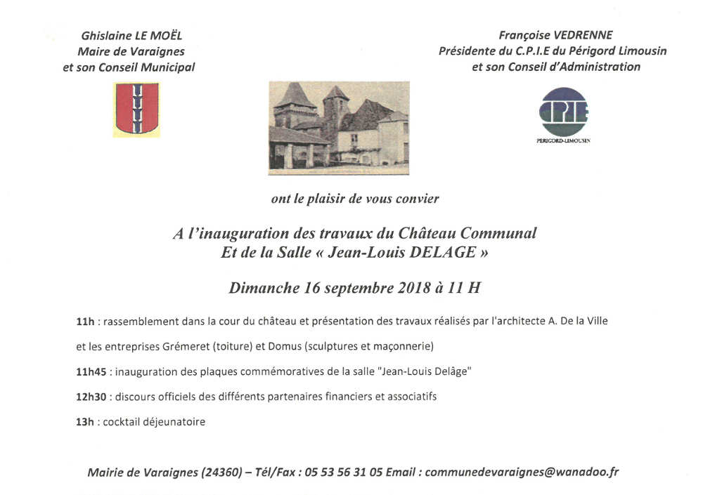 Invitation à l'inauguration des travaux et de la salle Jean-Louis Delâge au Château de Varaignes