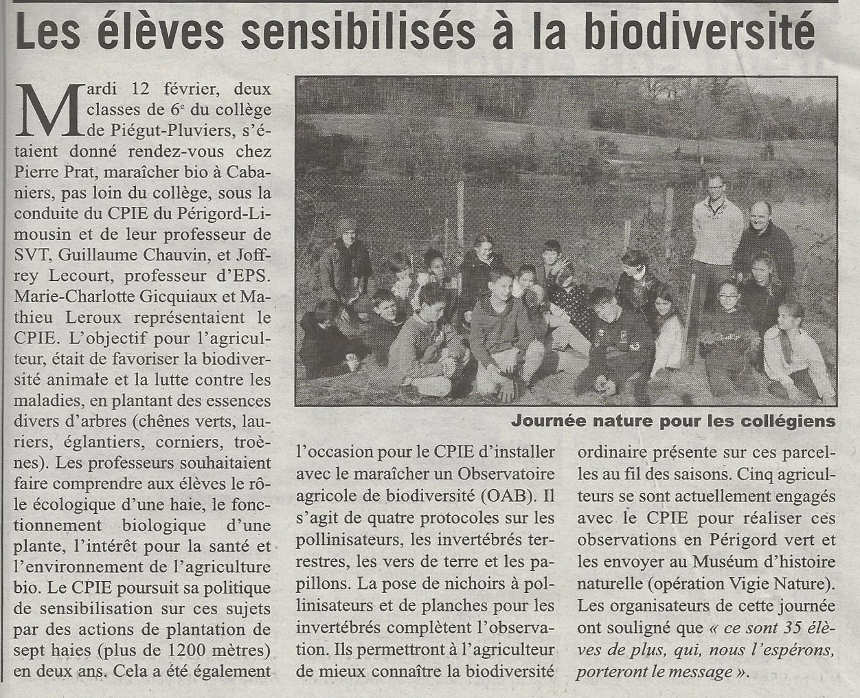 article de l'Echo de Dordogne sur la plantation de haies