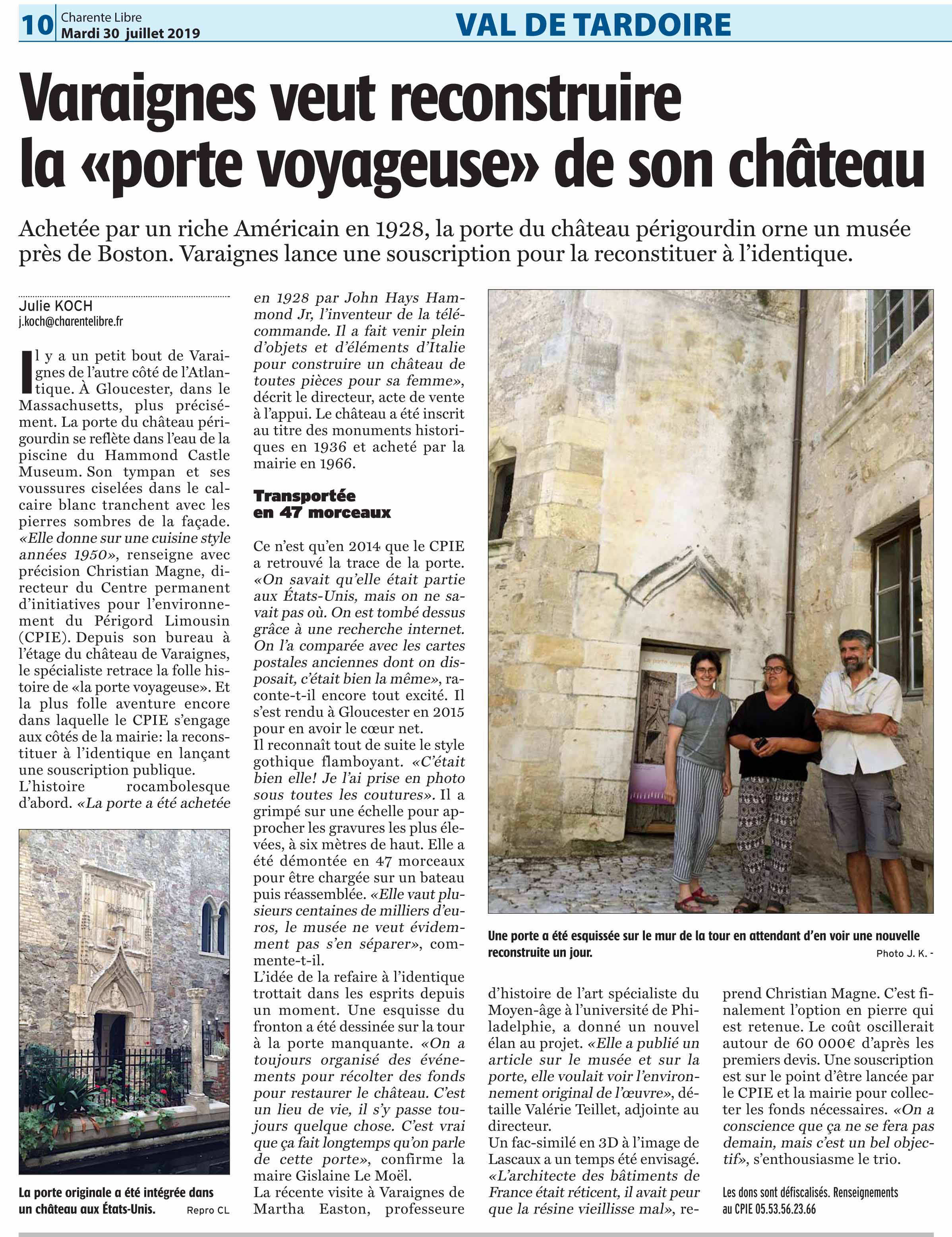 article sur la porte voyageuse dd château de Varaignes-charente-libre