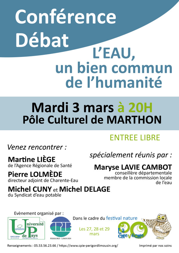 Les enjeux Quantité/Qualité- L'EAU, un BIEN COMMUN de l'humanité - Conférence-débat à Marthon - mardi 3 mars